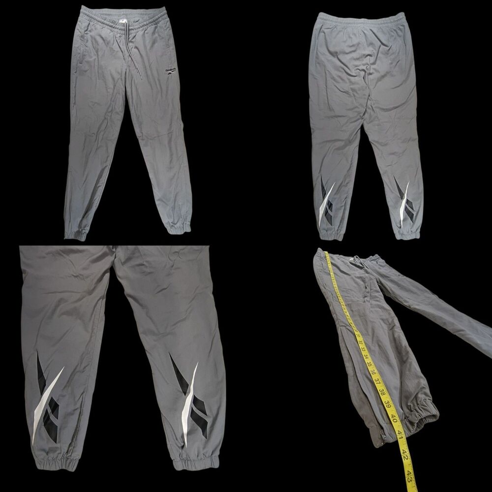 Reebok Trainer Pants Zipper Bottom Black Men's L Drawstring Gray Reflector